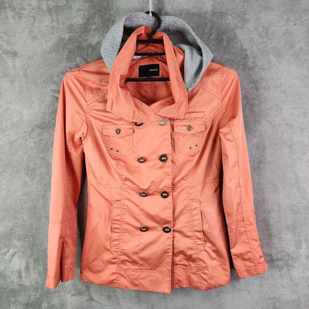 Womens Hurley Double Breasted Coral Jacket w/ Removable Gray Hood Button Front S - Picture 2 of 14